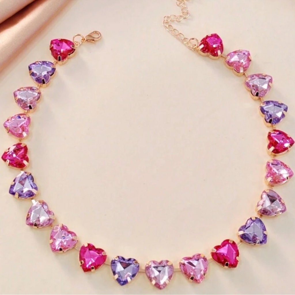 18k Gold Plated Pink Gemstone Heart Choker New